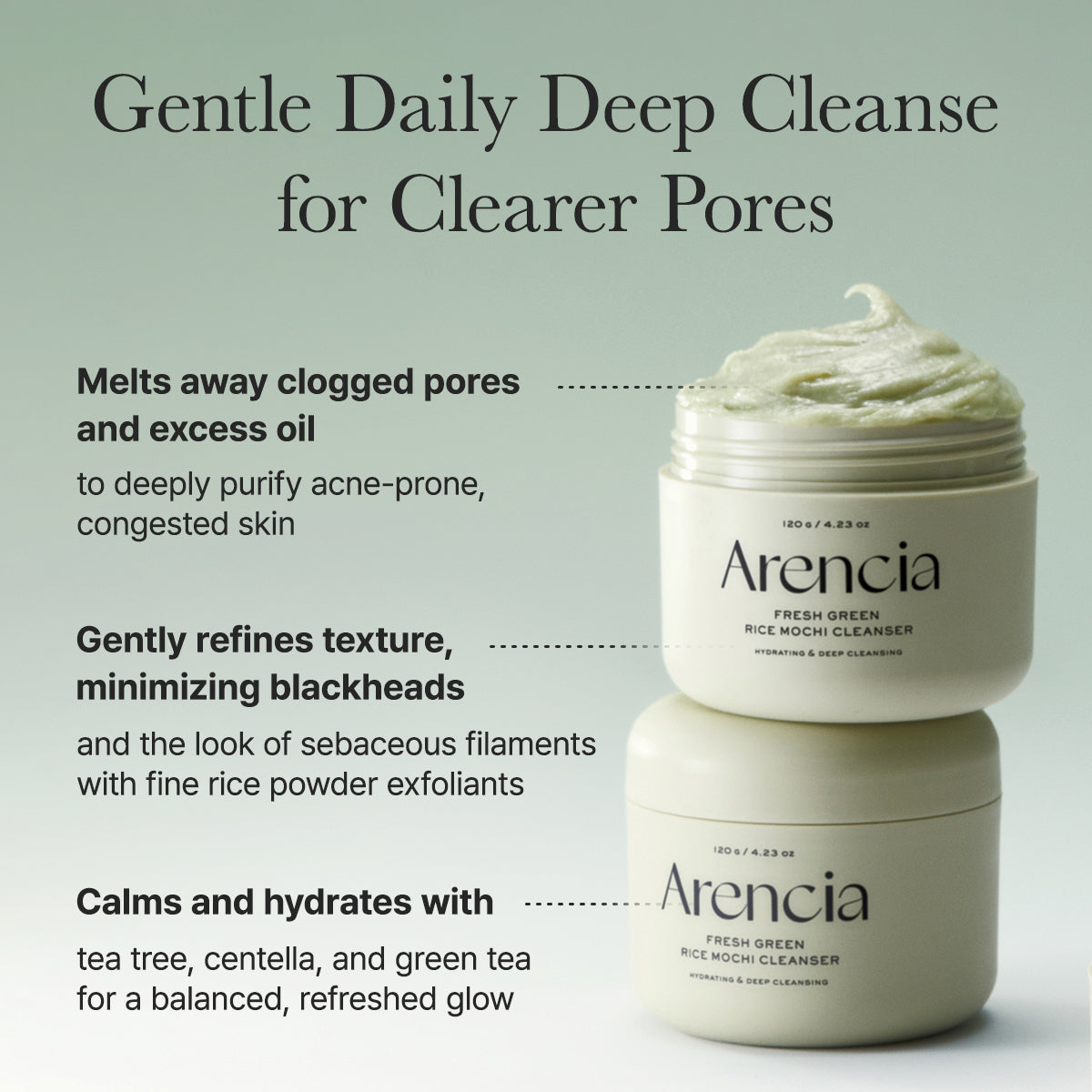 Arencia Fresh Green Rice Mochi Cleanser, Gentle Daily Cleanser for Acne-Prone Skin
