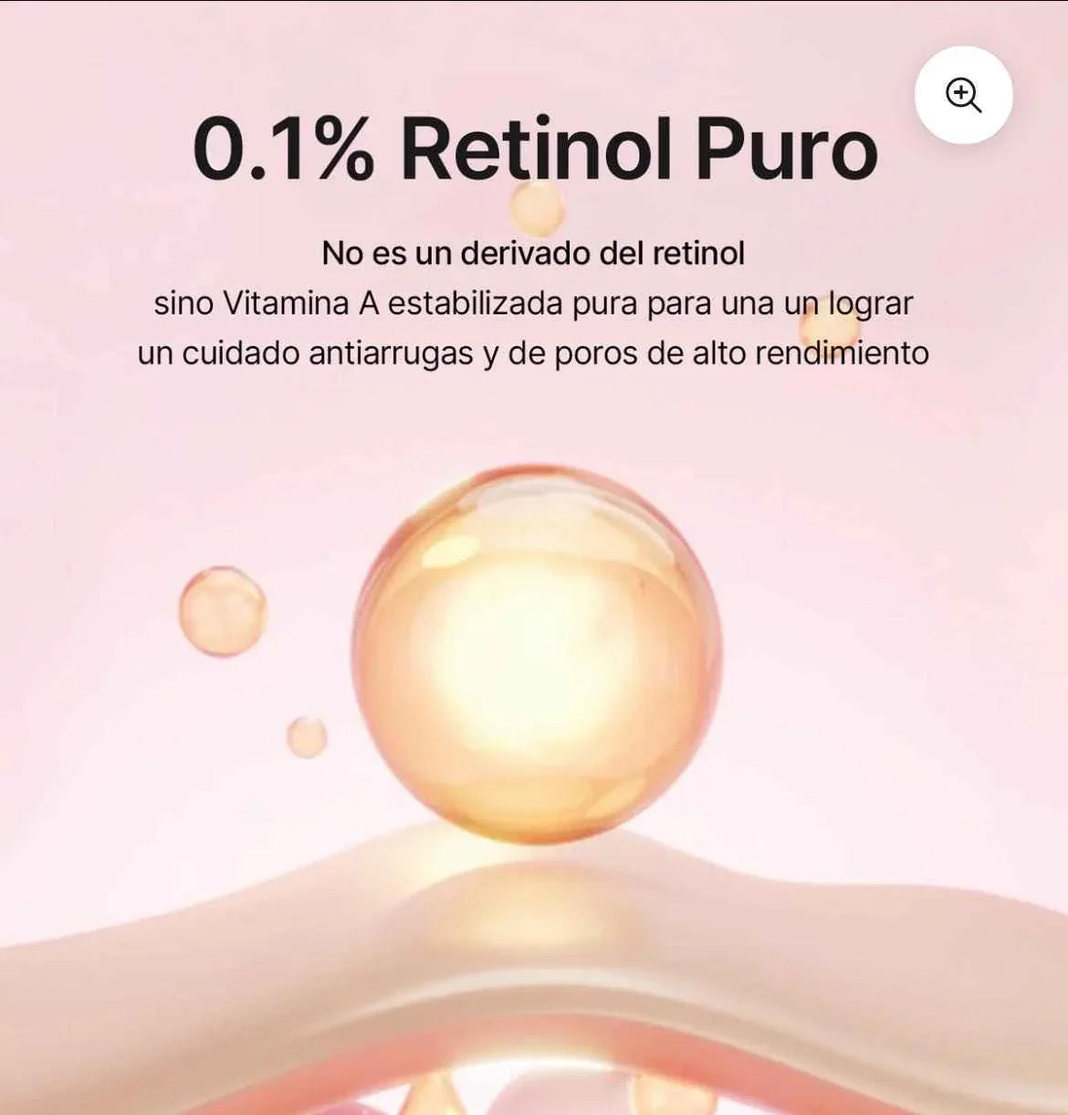 0.1% pure retinol ad with glowing serum droplet on pink background, Amora Skin K-beauty