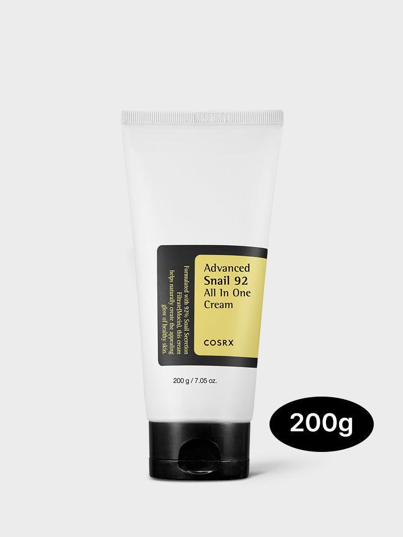 COSRX Advanced Snail 92 All In One Cream 200g full-size tube; high-performance Korean moisturizer with 92% snail mucin to deeply hydrate, soothe sensitive skin, and support anti-aging elasticity for smooth, radiant results.