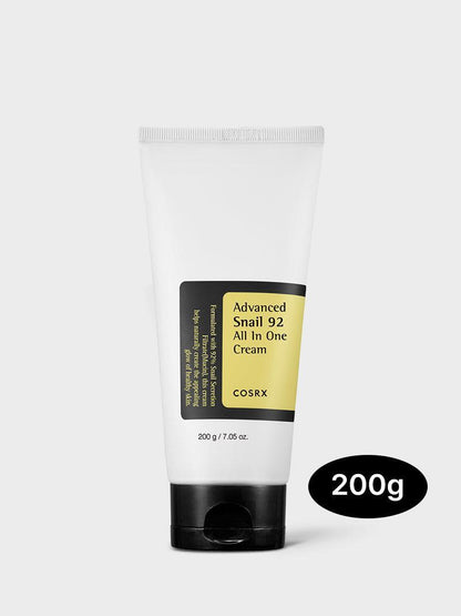 COSRX Advanced Snail 92 All In One Cream 200g full-size tube; high-performance Korean moisturizer with 92% snail mucin to deeply hydrate, soothe sensitive skin, and support anti-aging elasticity for smooth, radiant results.