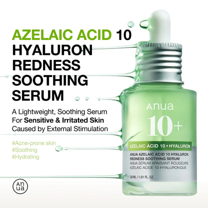ANUA Azelaic Acid 10% Hyaluron Redness Soothing Serum – Redness Relief, Hydration & Blemish - Calming Serum | Korean Skincare - Amora Skin