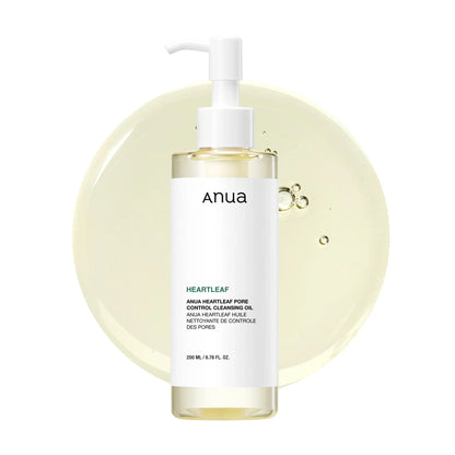 Anua Heartleaf Pore Control Cleansing Oil 200ml bottle with clear liquid, Korean skincare at Amora Skin