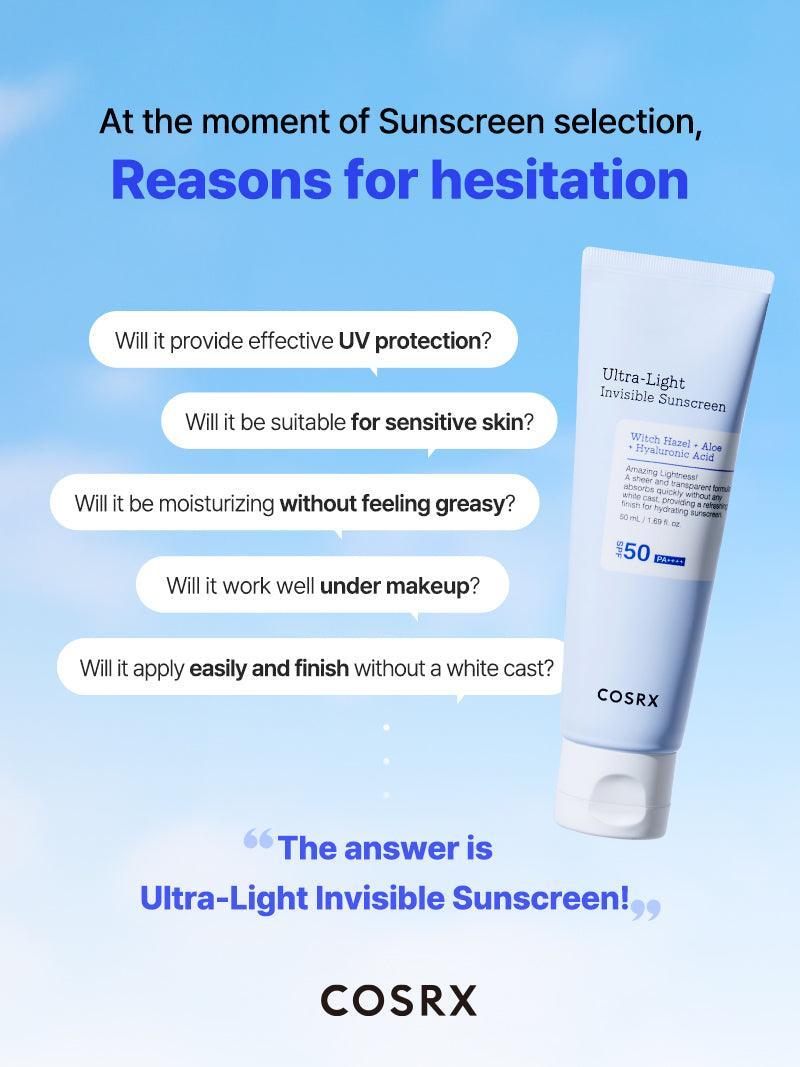 COSRX Ultra - Light Invisible Sunscreen SPF50 PA++++ – No White Cast, Lightweight Daily UV Protection - Amora Skin